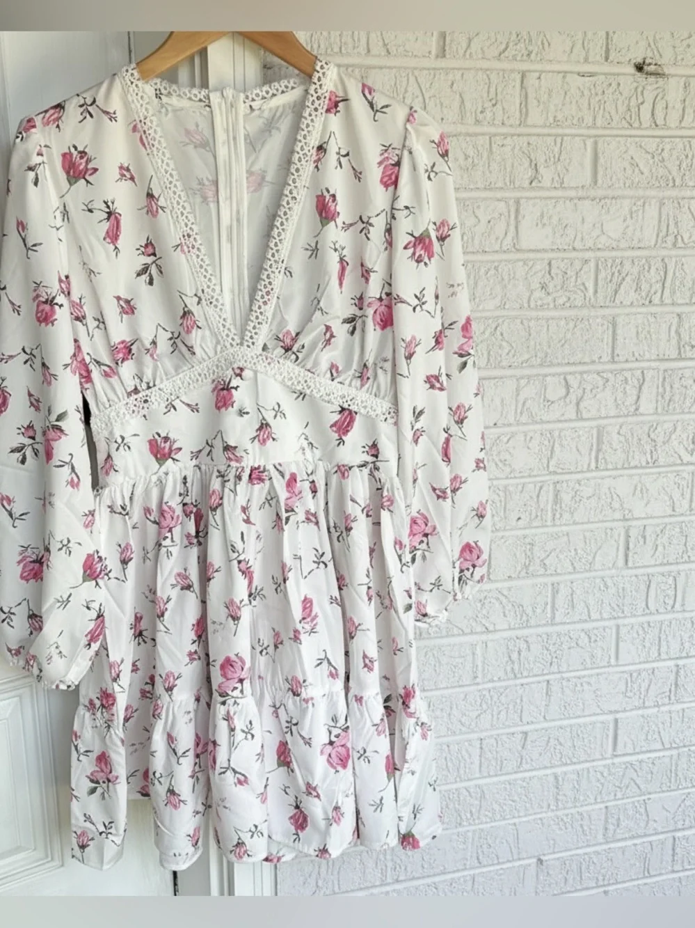 Commense Long Puff Sleeve V Neck Floral Print Short Mini Dress - Picture 4 of 13